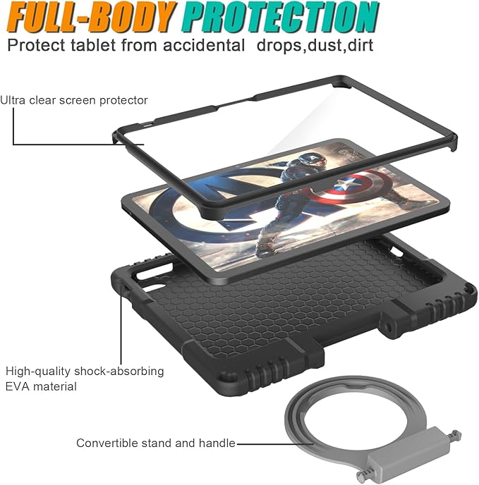 Kids Case for iPad 10th Generation 10.9-inch (2022) & iPad Air 11-inch M2 (2024) & iPad Pro 11-inch M4 (2024), Lightweight Shockproof Case Built-in Screen Protector with Handle Stand, Black