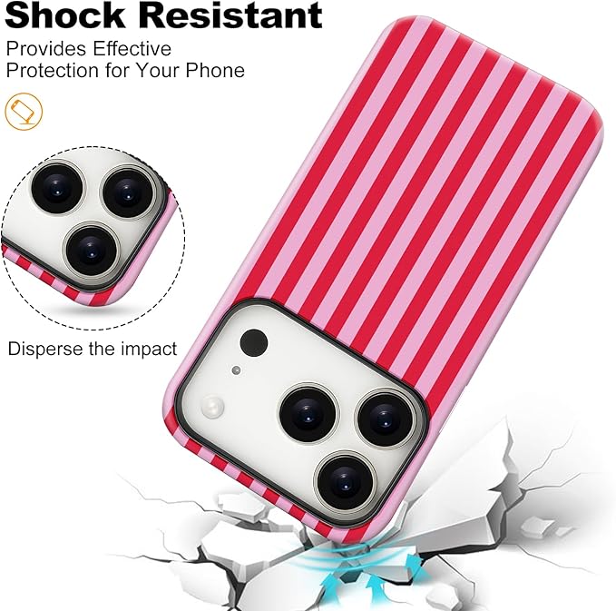 Magnetic for iPhone 17 Pro Max Case Cute Stripes Phone Case, Shockproof Slim TPU and Hard PC Protective Phone Cover Compatible with MagSafe Designed for Women Girls, Pink and White