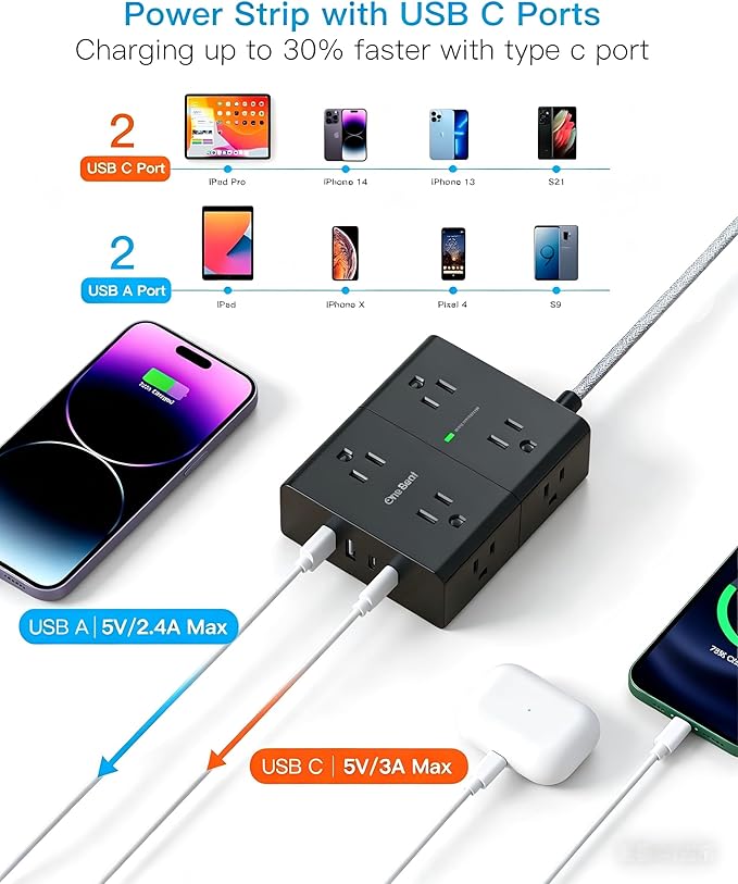 Surge Protector Power Strip 15 Ft Cord, Ultra Thin Flat Extension Cord with 8 Outlets 4 USB Ports(2 USB C), Flat Plug Power Strip, 15 Ft Long Braided Power Strip for Home, Office, Dorm Room, Black