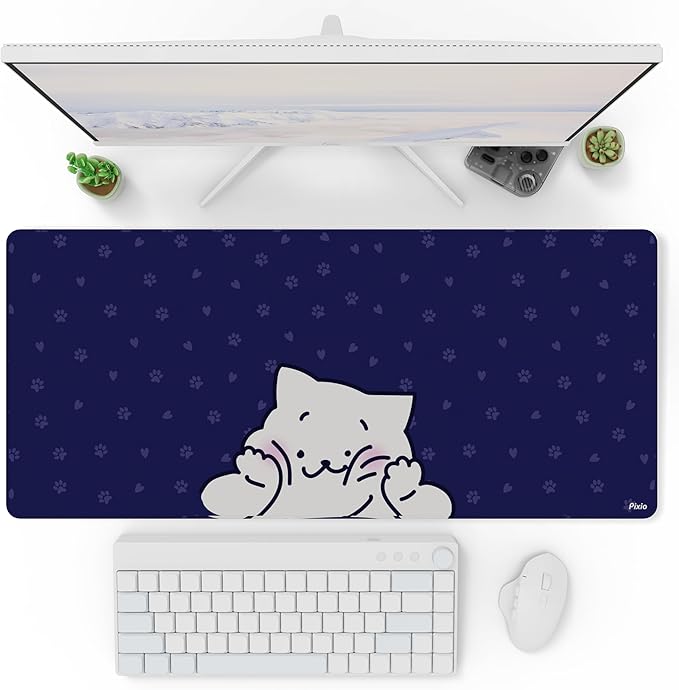 Pixio Mouse Pads - 36 x 16 inch XXL Squishy Cat Blue Multifunctional Large Desk Mats for Gaming, Office, Desktop Anti-Slip Waterproof Washable Computer Mouse Mat