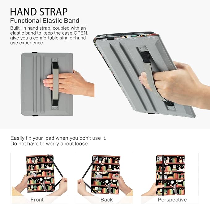 Rotating iPad Air 11-inch Case M4/M3/M2, Case for iPad Air 5th/4th Generation 10.9 Inch, 360 Swivel Multi-Angle Adjustable Stand Pencil Holder/Pocket/Hand Strap for iPad Pro 11-inch case Bookshelf Cat