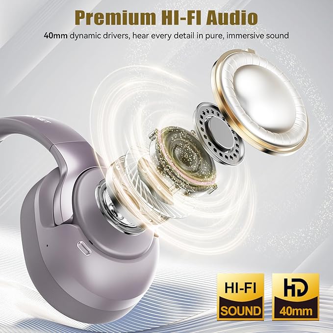 TECKNET Hybrid Active Noise Cancelling Headphones, Bluetooth 6.0 Wireless Headphones, 70H Playtime and 6 EQ Music Modes with 3.5mm Cord, Over Ear Headphones for Travel Work Cellphone - Purple Gray