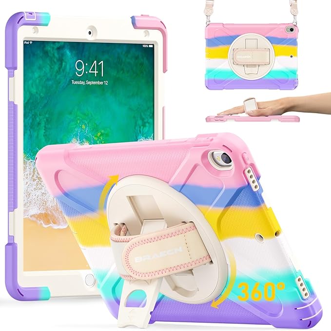 BRAECN Case for iPad Air 3rd Generation 2019 / iPad Pro 10.5 inch 2017, Rugged Heavy Duty Shockproof Cover with Pencil Holder, 360° Rotating Kickstand & Adjustable Hand Strap & Shoulder Strap for Kids