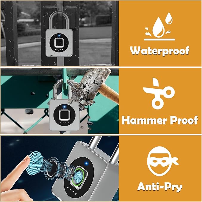 Pothunder Fingerprint Padlock with APP, Keyless Biometric Lock, Smart Waterproof Padlock Suitable for Gym, Locker, Gates, Fence and Storage