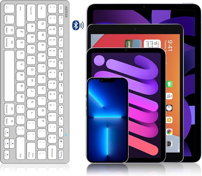 Arteck Ultra-Slim Bluetooth Keyboard Compatible with iPad 10.2-inch/iPad Air/iPad 9.7-inch/iPad Pro/iPad mini, iPhone and Other Bluetooth Enabled Devices Including iOS, Android, Windows Silver
