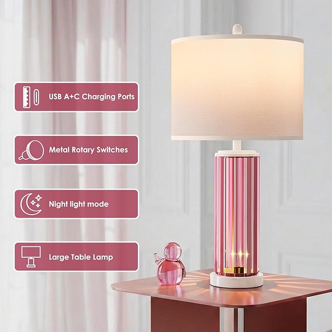 QiMH Table Lamps for Bedroom Set of 2 with Nightlight, Modern Bedside Lamp with USB A+C Charging Port, White Pink Nightstand Lamp for Living Room White Shade Home Decor, 2 Bulbs Included