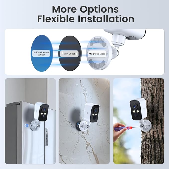 Security Camera Wireless Outdoor, 2.4G WiFi, Battery & Solar Powered, Magnetic, Free Human Detection, Free 7-Day Cloud/SD, Night Vision, Siren, 2-Way Talk, 2K, IP65