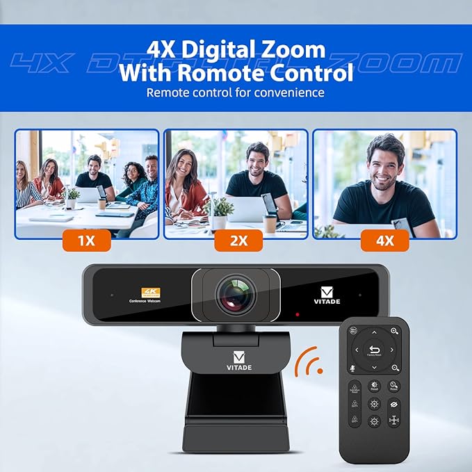 4K Zoomable Webcam with Upgraded Remote Control, 8MP Sony Sensor Webcam with Microphone and 4X Digital Zoom, Pro USB Webcam for Streaming/Conference/Online Teaching/Video Calling/Zoom/Skype