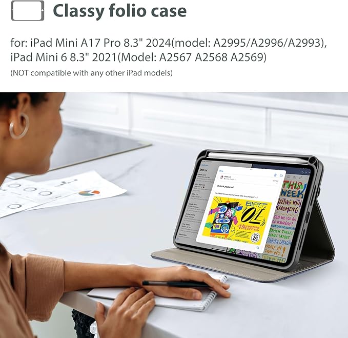 ProCase for iPad mini 7th (A17 Pro) 2024/iPad Mini 6th Generation 2021 8.3 Inch Case; Premium PU Leather Folio Business Stand Cover with Hand Strap; Pencil Holder; Front Pocket -Black