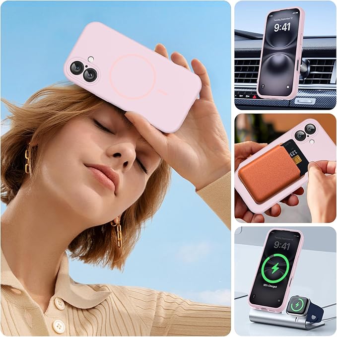 Miracase Magnetic for iPhone 16 Plus Case, [Soft Anti-Scratch Microfiber Lining], Compatible with MagSafe, Liquid Silicone Shockproof Drop Protection Phone Case for 16 Plus,Sand Pink