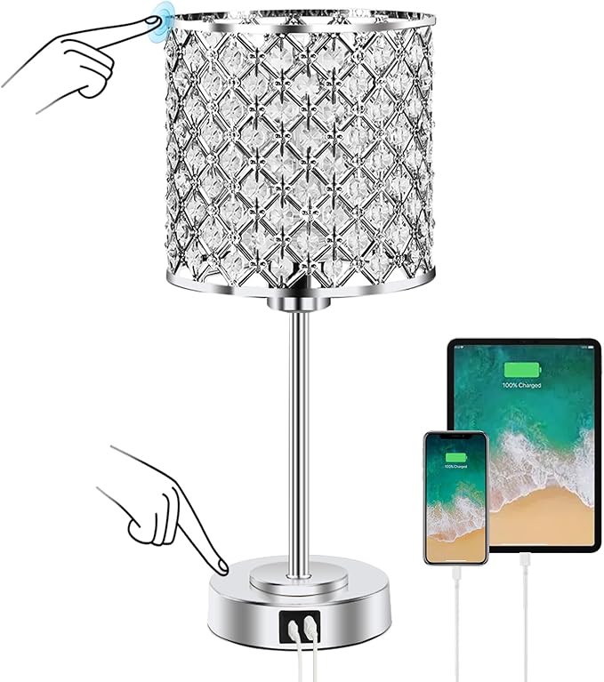 GyroVu Crystal Table Lamp for Bedroom Living Room, Touch Control Bedside Lamp with USB C+A Ports - Dimmable Nightstand Lamp Modern Light, Bulb Included