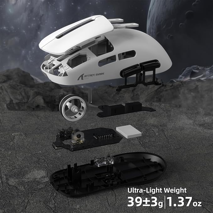 ATTACK SHARK R6 39g Superlight Wireless Gaming Mouse,PixArt PAW3950MAX 42000 DPI,MCU Nodic 52840 Computer Mouse,8K Polling Rate Web Driver,BT/2.4Ghz/Wired Tri-Mode Mice with Coiled Cable-White