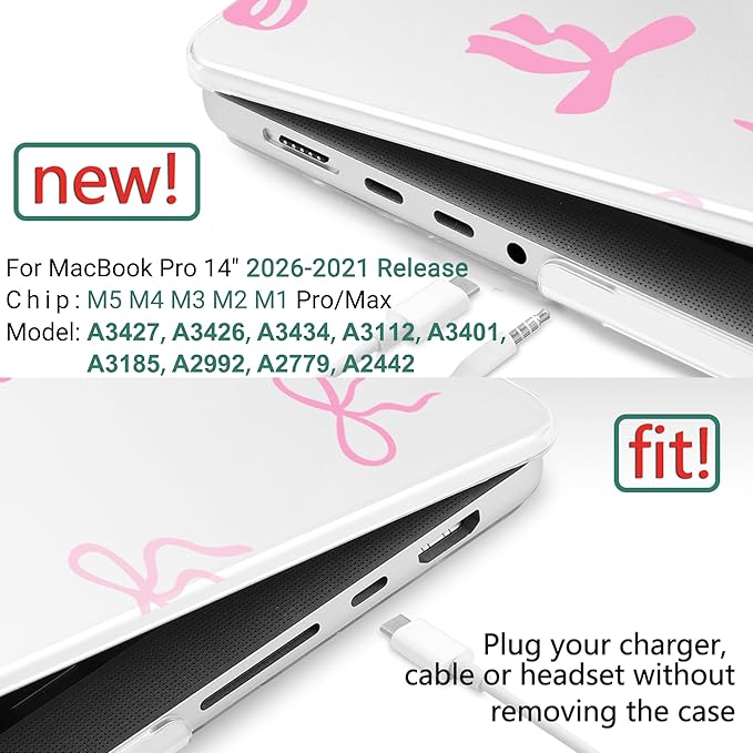 DONGKE Case for MacBook Pro 14 Inch (2026-2021 Release, M5 M4 M3 M2 M1 Pro/Max Chip), Plastic Slim Hard Shell Protective Cover with Keyboard Cover & Screen Protector, Pink Bows