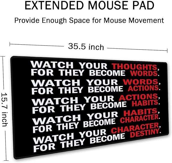 SSOIU Watch Your Thoughts Motivational Words Quotes Mouse Pad 35.5 X 15.7 Inch XXL Full Desk Mousepad Extended Large Non-Slip Rubber Base Waterproof Big Keyboard Mat with Stitched Edges for Office