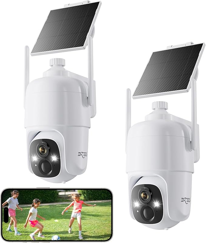 Dzees Security Cameras Wireless Outdoor, 2K Pan/Tilt 360° View Solar/Battery Powered WiFi Cameras for Home Security with AI Motion Detection,Color Night Vision, 2-Way Audio, SD/Cloud Storage - 2 Pack