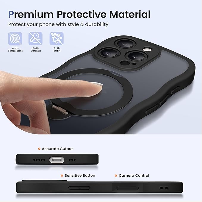 CAPRARO for iPhone 16 Pro Case with 360° Spin Magnetic Stand for Women, [Compatible with MagSafe] [Full Camera Protection] Cute Wave Translucent Matte Case for iPhone 16 Pro, Black