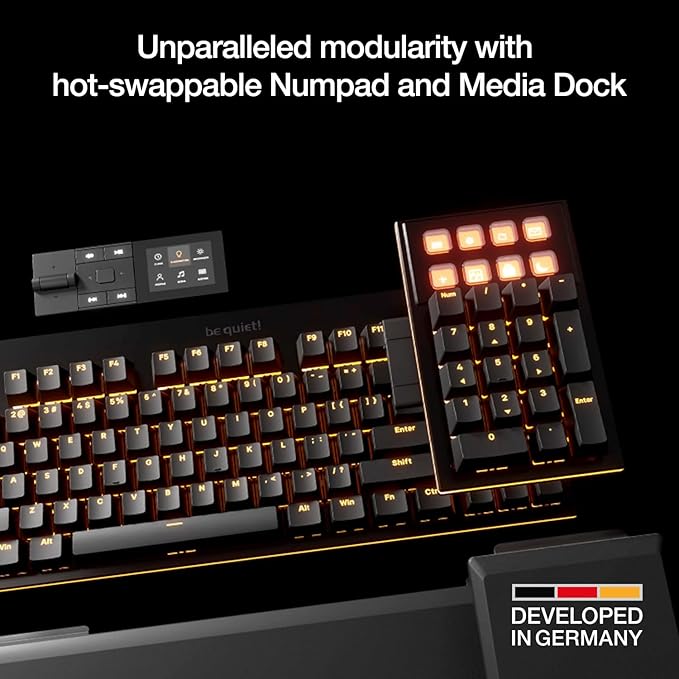 be quiet! Dark Mount Mechanical Keyboard | Linear | Hot-Swappable Lubricated Silent Switches | Detachable Numpad and Media Dock | Programmable ARGB Keys | Quality PBT Double Shot Keycaps | BT001US