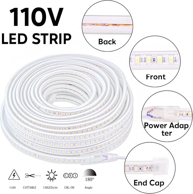 AC 110V Cuttable LED Light 65.62ft Outdoor LED Strip Lights Waterproof 120LEDs/m 3000K Warm White Rope Lights Super Bright Under Cabinet Lighting for Outside Bedroom Kitchen Wall TV