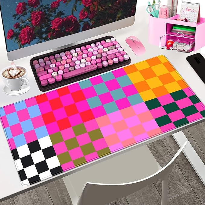 Checkered Desk Mat Pink Desk Matt for Desktop Desk Pad XXL Large Mouse Pad Deskmat Big Mousepad Keyboard Pad Mouse for Computer Cute Desk Accessories 31.5 X 15.7In