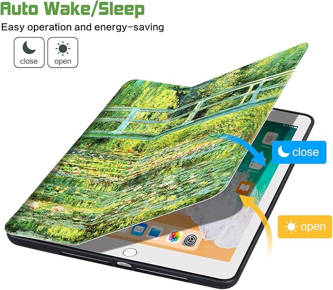 for iPad Air 2/1 Case 2014/2013, for iPad 5Th/6Th Generation Case 2017/2018, Slim fit iPad Cases 5th/6Th Generation 9.7-inch, 4 Viewing Angles & Typing Stand & Pencil Holder, Water Lilies