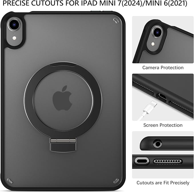 GUAGUA for iPad Mini 7 Case 2024 (A17 Pro), iPad Mini 7th/6th Generation Case with Stand(2024/2021) 8.3'' Translucent Matte Back Slim Shockproof Protective Kickstand Case for iPad Mini 7th/ 6th, Black