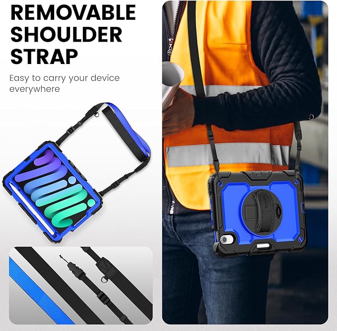 Timecity Case for iPad mini 7 (A17 Pro) 2024/ Mini 6 2021 8.3 inch, Full-Body Drop Protection Case with Screen Protector Pencil Holder&Rotating Stand Hand Strap for iPad mini 7th/6th Gen-Dark Blue