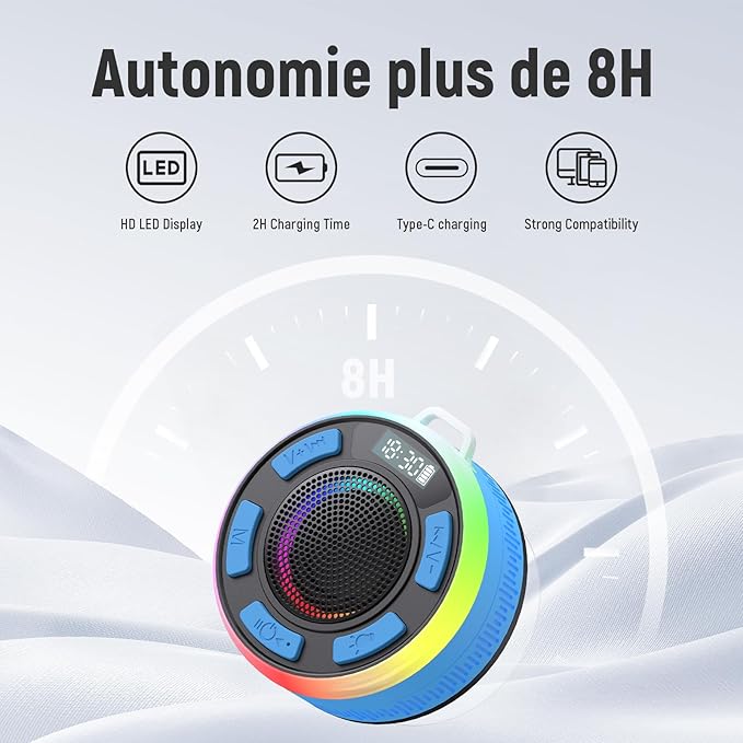 IPX7 Waterproof Shower Bluetooth Speaker, Portable Small Speaker with Suction Cup and Time Display, Loud Crystal Sound & Bass 10H Playtime 1100mAh, Wireless Shower Speakers for Pool, Beach Gift Blue