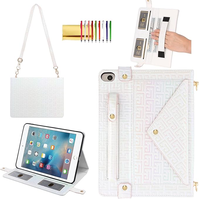 Shiny Case for iPad mini 5/4/3/2/1, Mini 7.9" Handbag Case, Techcircle Iridescent PU Leather Folio Envelope Pocket Stand Cover with Hand Strap+Shoulder Strap+Pencil Holder+Card Slots, Shiny White
