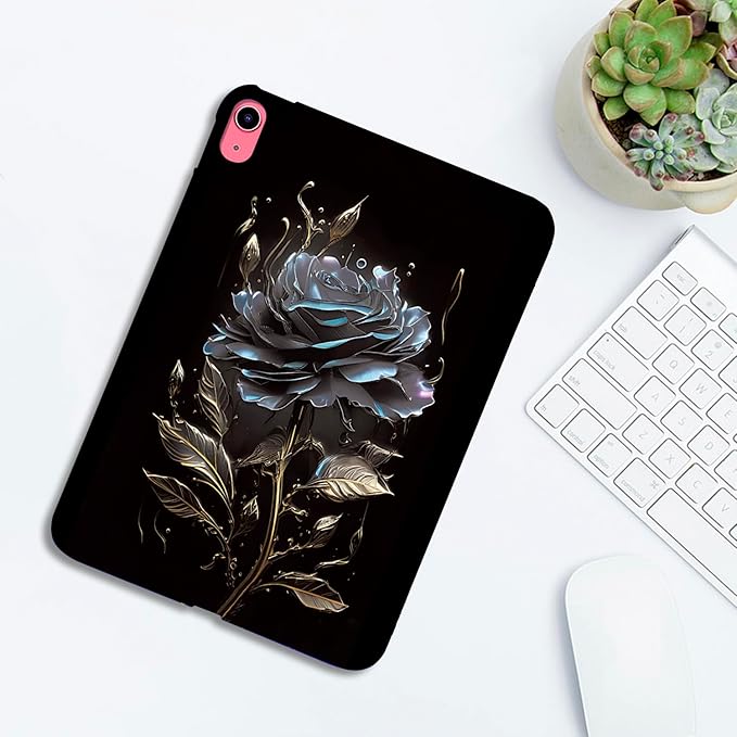 for Apple iPad (A16) 11th Generation Case 11 inch 2025 & iPad 10th Generation Case 10.9 inch 2022, Lightweight Soft TPU Back Shockproof Cover Silicone Bumper Shell, Black Rose Flower