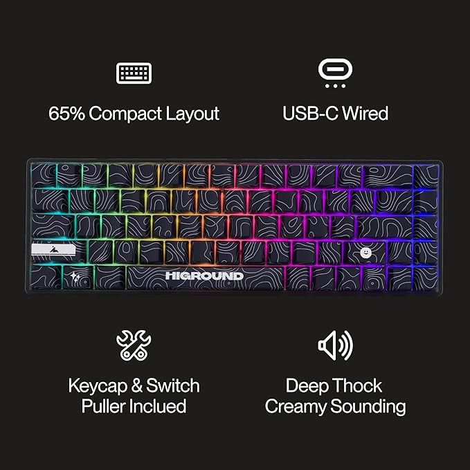 Higround Trailhead 65% Mechanical USB Wired Gaming Keyboard, TTC Linear Custom Switches, Programable RGB, Hot-Swappable, Deep Thock Creamy Sounding PC Keyboard, Pre-lubed (BLACKICE)
