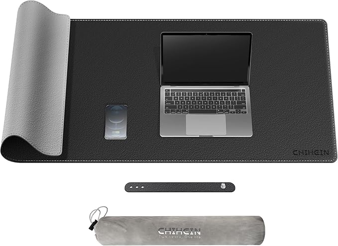 Chihein 47" x 20" 3XL PU Leather Desk Mat (Black/Gray), Dual Sided Desk Pad, Waterproof Computer Desk Bottle for Gaming, Office, Home