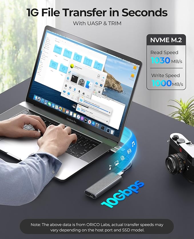 ORICO M.2 NVMe SSD Enclosure Aluminum Tool-Free Adapter, 10Gbps USB3.2 USB-C M2 Reader for M.2 PCIe NVMe M-Key 2230/2242/2260/2280 SSD, Thunderbolt 3 Compatible, External Case Support UASP Trim-AM2G2