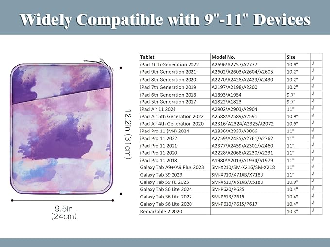TiMOVO 9-11" Tablet Sleeve Bag for iPad 11-inch A16 2025, iPad 10.9"/10.2"| Air 11 Inch/5th/4th Gen. 10.9", Galaxy Tab A9+/A11Plus 11", Protective Bag with Pocket, Watercolor Purple