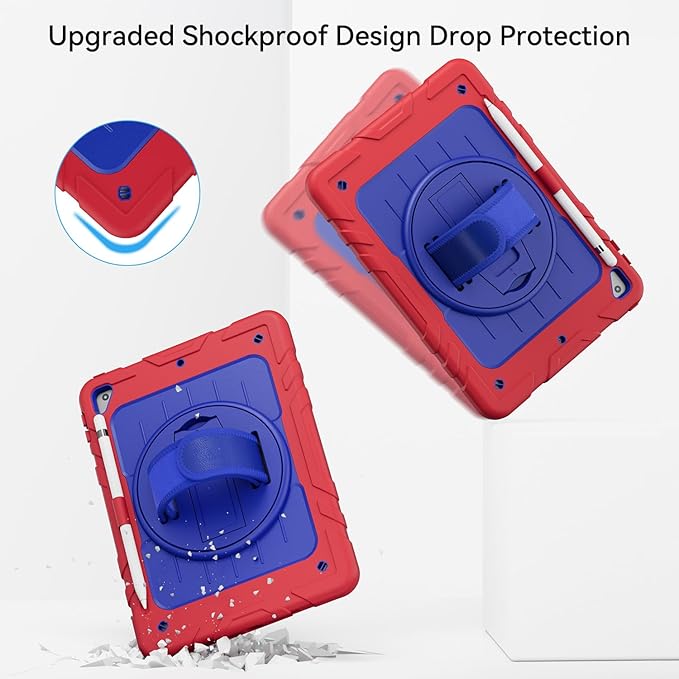 Case for iPad 6th/5th Generation 9.7'' with Screen Protector Pencil Holder [360 Rotating Hand Strap] &Stand, Drop-Proof Case for iPad 6th/5th/ Air 2/ Pro 9.7 (Red&Blue)