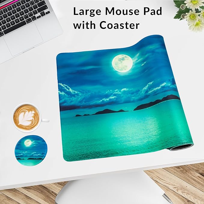 Large Gaming Mouse Pad with Coaster, Desk Matt for Desktop, Desk Pad, Mouse Pads Mat, Stitched Edges Big Extended Mousepad for Computer Keyboard Laptop Office Decor, 31.5'' x15.6''-Moon Ocean