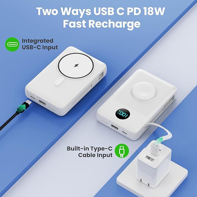 Magnetic Portable Charger for MagSafe with Built-in Cable, iWatch Charger, 10800mAh Wireless Power Bank Travel Essentials, 25W PD Fast Charging Battery Pack for iPhone 17/16/15/14/13,Apple Watch-White