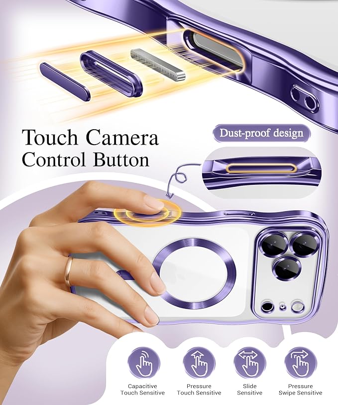 GVIEWIN for iPhone 17 Pro Case Compatible with MagSafe, Upgraded [Full Camera Protection][Cute Wave Frame][Military Grade Protection] Electroplated Hard Phone Cover for Women Girl, Clear/Purple
