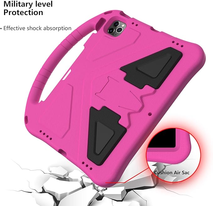 Kids Case for iPad Pro 11" 2022/2021/2020/2018, iPad Air 5th/4th Generation Case with Pencil Holder, Techcircle Lightweight Shockproof EVA Foam Handle Stand Anti-Slip Grip Rugged Case, Rose
