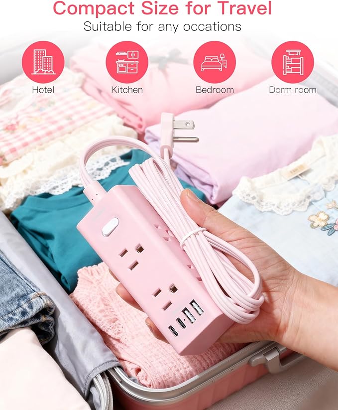 5Ft Extension Cord with Multiple Outlets, Flat Plug Power Strip Surge Protector with 5 Ft Long Cord, 6 Outlet 4 USB Ports (2 USB C), Multi Outlet Wall Plug for College, Dorm Room Essentials(Pink)