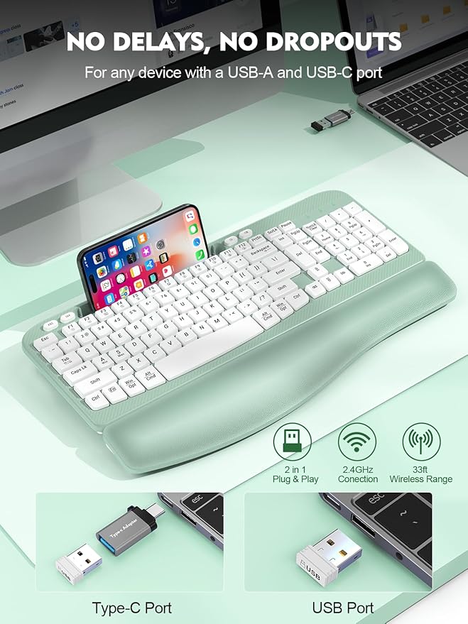 Ergonomic Wireless Keyboard with Cushioned Wrist Rest, Wave Keys, Phone Holder, Comfortable Natural Typing, 2.4GHz Full Size Cordless USB Computer Keyboard for Windows, Mac OS, Laptop, PC (Mint Green)