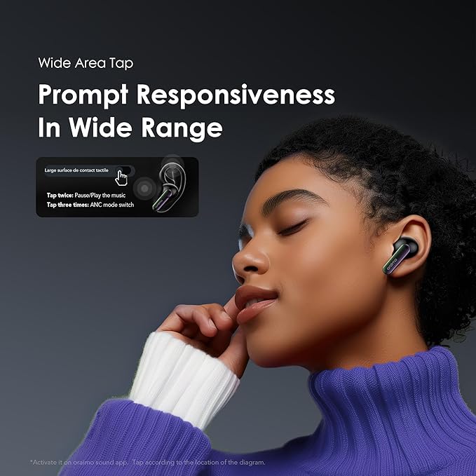 Oraimo SpaceBuds ANC Wireless Earbuds, 50dB Noise Cancelling Bluetooth Earbuds, 4-Mic Clear Calls in Ear Headphones, Heavy Bass, Personalized Light Effects, Slide Design, App Control, 40H Play