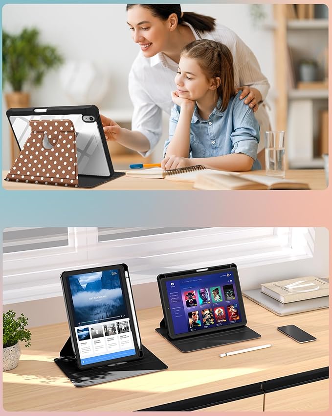 Uppuppy for iPad mini 7 Case (A17 Pro) for iPad mini 6th Generation Case - 360 Rotating Stand Folio Smart Cover with Pencil Holder for Women Girl, Brown Polka for Apple Tablet Mini 8.3 inch 2024/2021