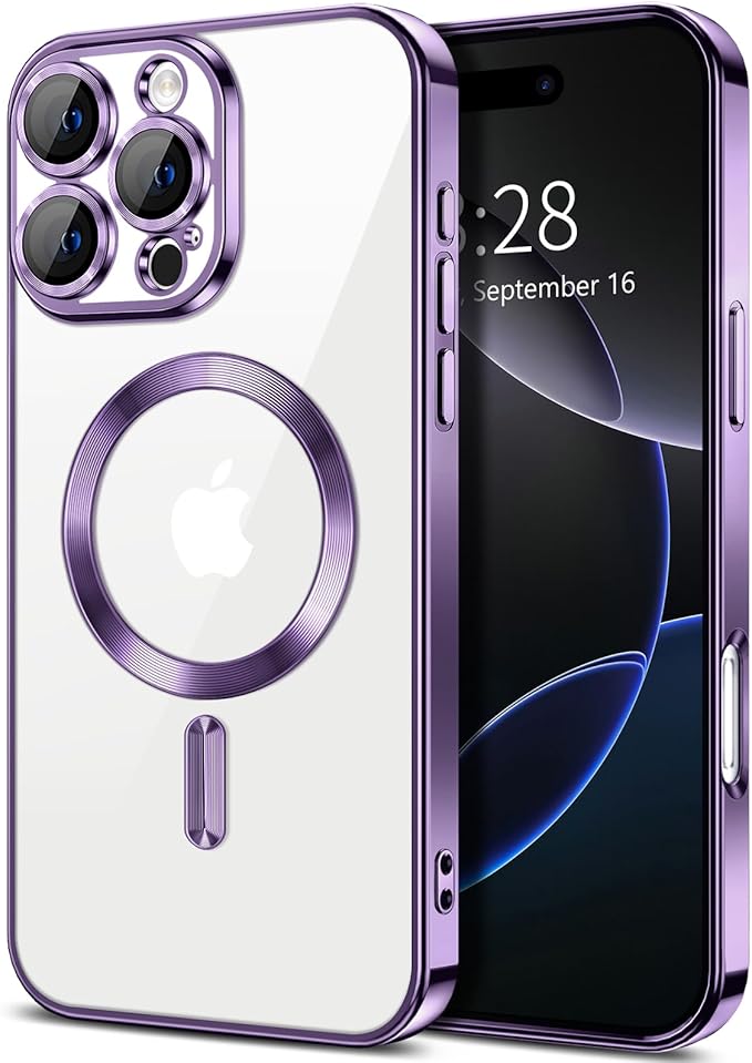 Hython Magnetic Clear for iPhone 16 Pro Case with Camera Lens Protector [Compatible with MagSafe] Luxury Plating Edge Slim Soft TPU Cover Protective Phone Case for iPhone 16 Pro 6.3", Deep Purple
