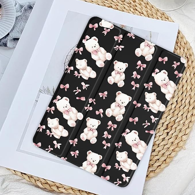 JOYLAND Cute Pink Bear Bow Case for iPad Air 13-inch (M3) 2025/ (M2) 2024, Girly Kawaii Animal Clear Acrylic Hard Back Black Case with Pencil Holder Trifold Stand Tablet Cover for Girls Women