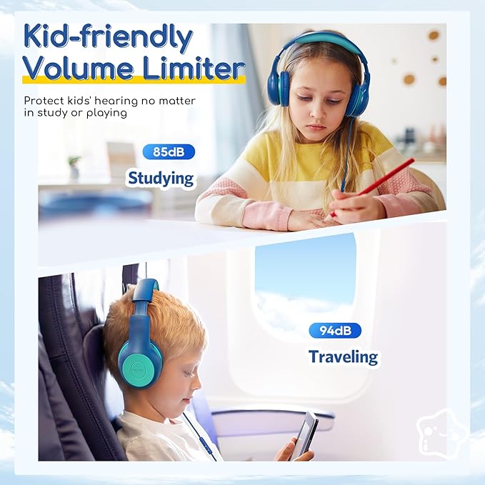 EarFun Kids Headphones Wired with Microphone, 85/94dB Volume Limit Headphones for Kids, Portable Wired Headphone with Shareport, Stereo Sound Foldable Headset for School/Tablet/iPad/Kindle Blue Green