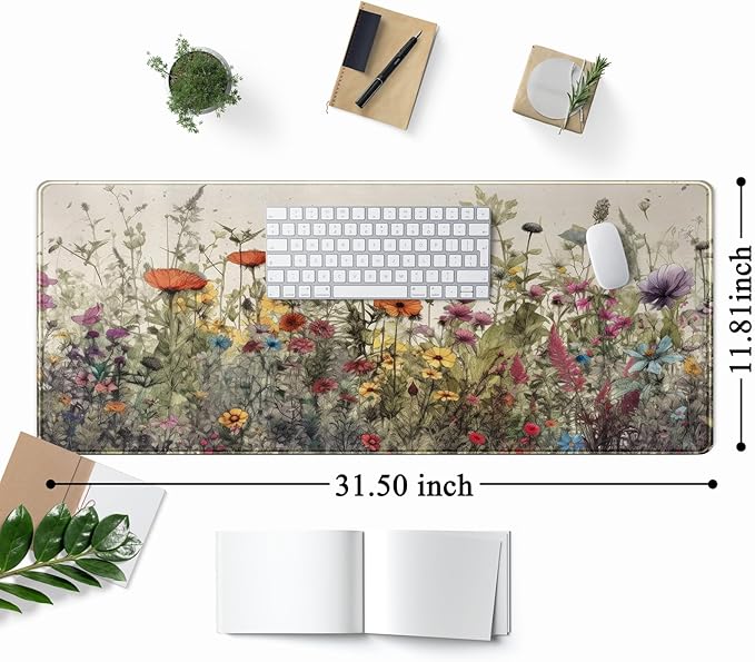Watercolor Flowers Desk Mat Floral Boho XL Mouse Pad Large Mousepad Extended Vintage Aesthetic Laptop Keyboard Mat Cute Gaming Desk Pad 31.5"x11.8" Office Decor for Women