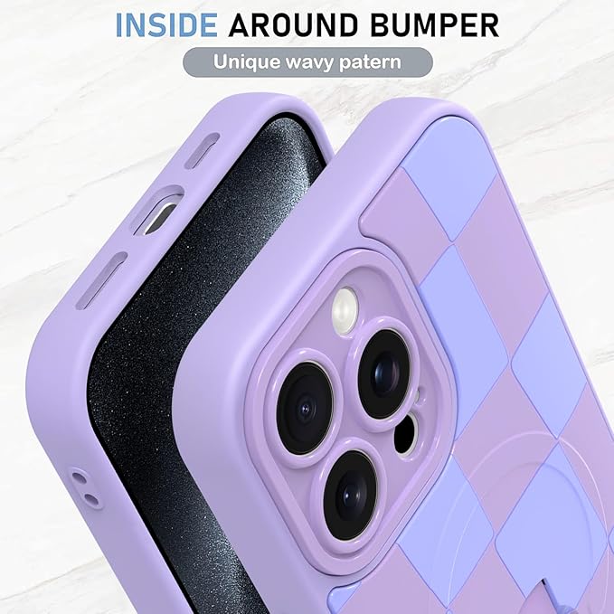 KANGHAR Compatible with iPhone 15 Pro Max Case, Support for MagSafe, Silicone Checkered Cute Pattern, Wristband Kickstand Camera Protection Soft Slim Cover for Girls Women -Purple