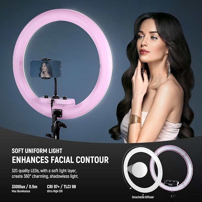 NEEWER Professional Ring Light with Stand and Phone Holder, 18 inch Ultra Thin, 45W 2900K-7000K TLCI98, Remote Shutter & App Control, Softer Lighting for Makeup Live Stream TikTok, RP18B Pro Pink