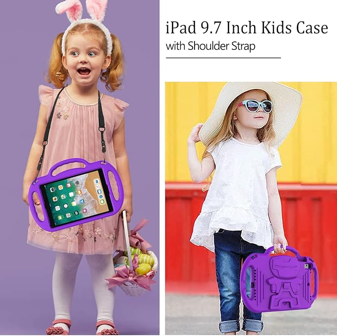 LTROP Kids Case for iPad 5th/6th Generation (2017/2018) & Air 2, Shoulder Strap Handle Stand Shockproof Bumper Cute Kid Case for iPad 9.7 Inch, Purple