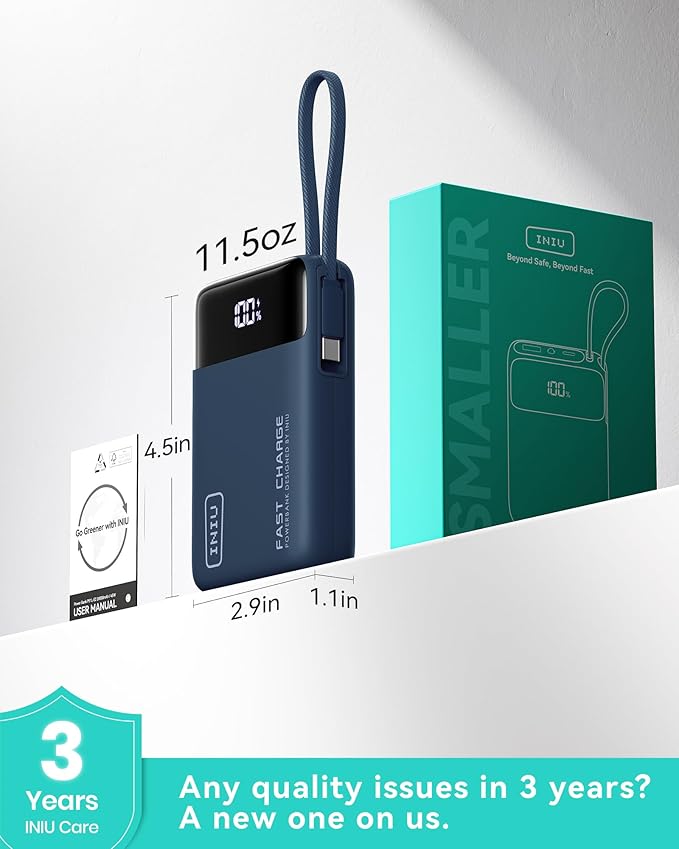 INIU 20000mAh Power Bank, Smaller 45W PD Fast Charging Portable Charger, Battery Pack with Build in USB C Cable, Travel Phone Flight-Safe Powerbank for iPhone 17 16 Samsung S26 Google iPad, Blue